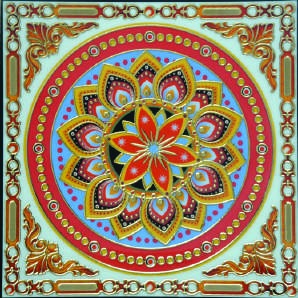 Anuj Golden Rangoli Pooja Room Vitrified Slab 1200x1200mm — Auspicious Peacock Mandir